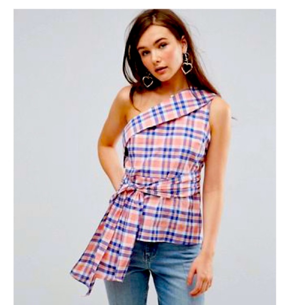 ASOS One Shoulder GINGHAM Top in Soft Check with Tie Detail On The Side